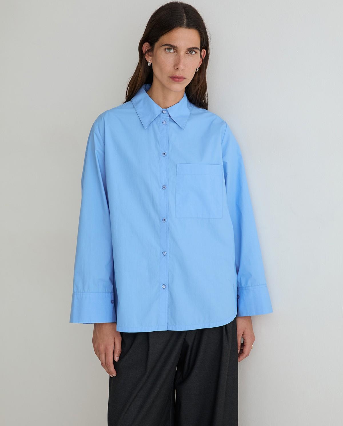 Camisa oversize de mujer popelin de manga larga de algodón - Yerse - Azul Azul-1
