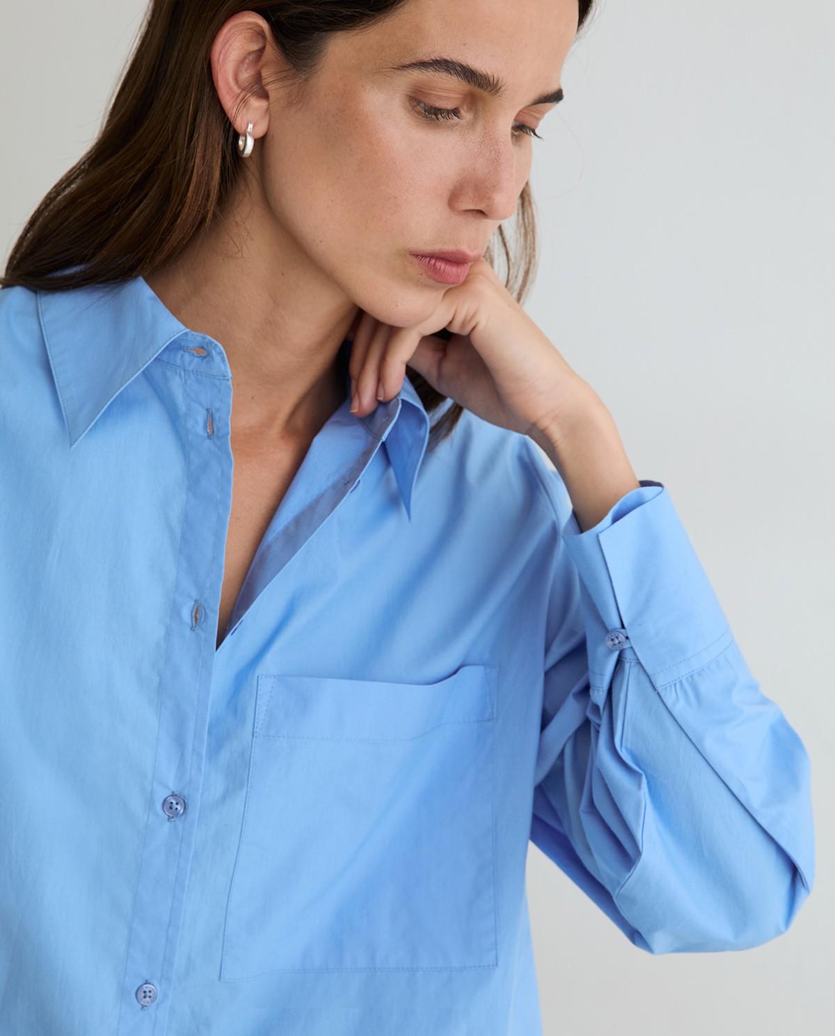 Camisa oversize de mujer popelin de manga larga de algodón - Yerse - Azul Azul-2