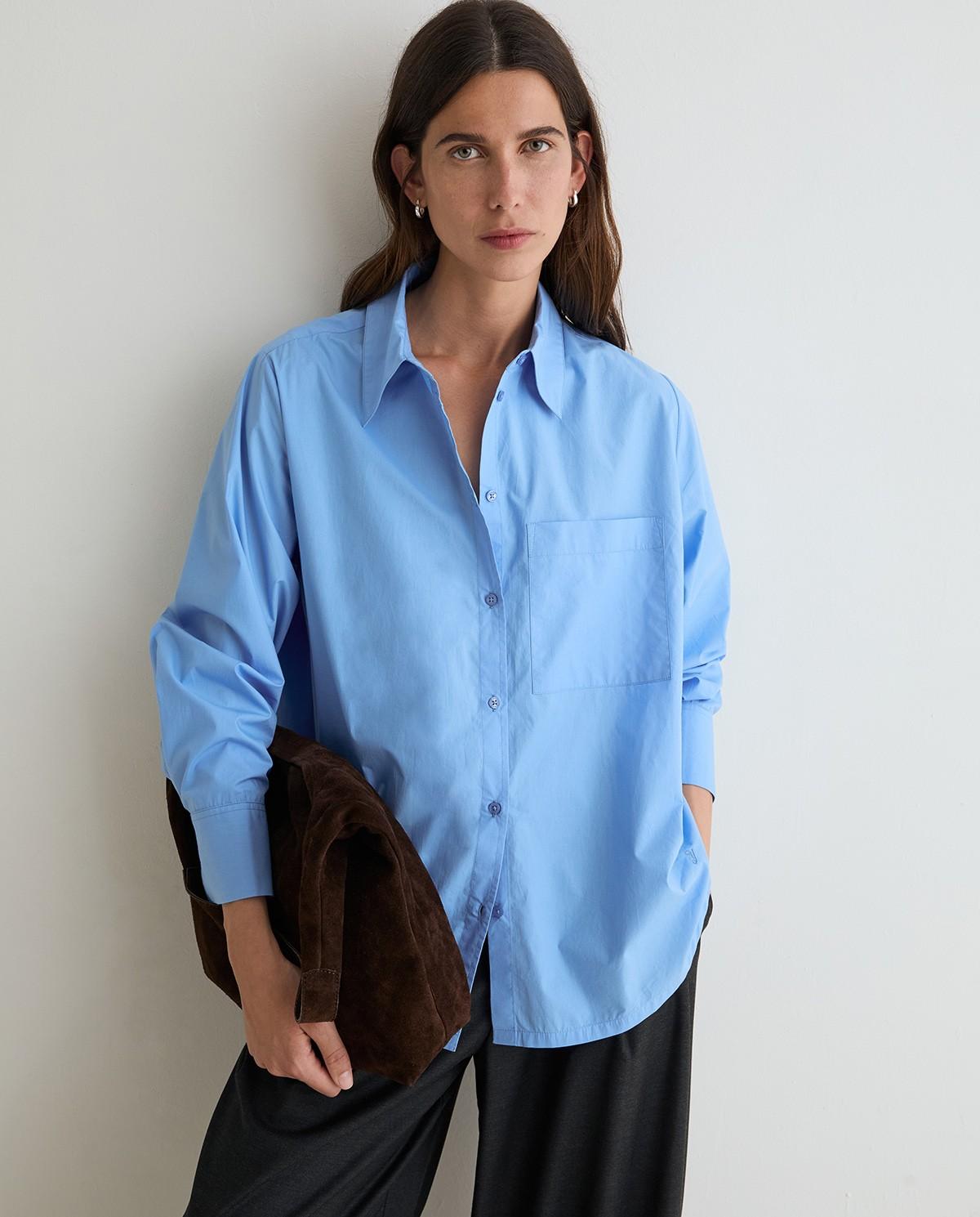 Camisa oversize de mujer popelin de manga larga de algodón - Yerse - Azul Azul-5