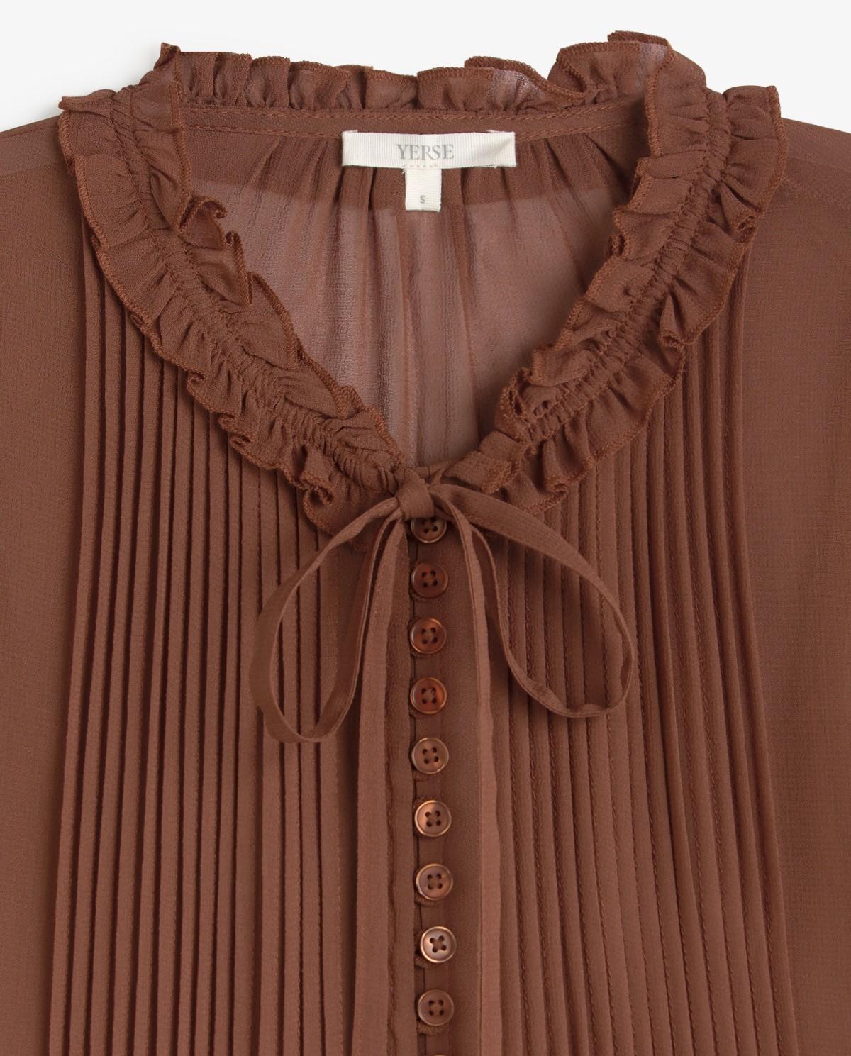 Camisa de mujer con detalle de volante y lazada - Yerse - Marrón Marrón-4
