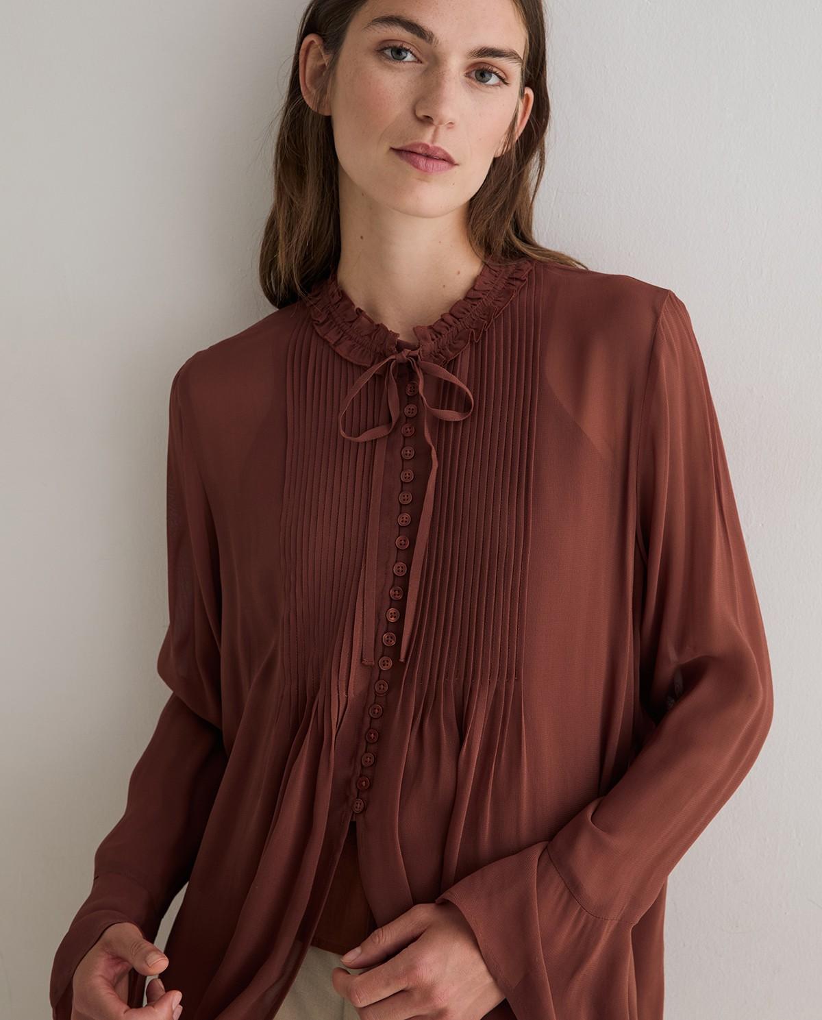 Camisa de mujer con detalle de volante y lazada - Yerse - Marrón Marrón-2
