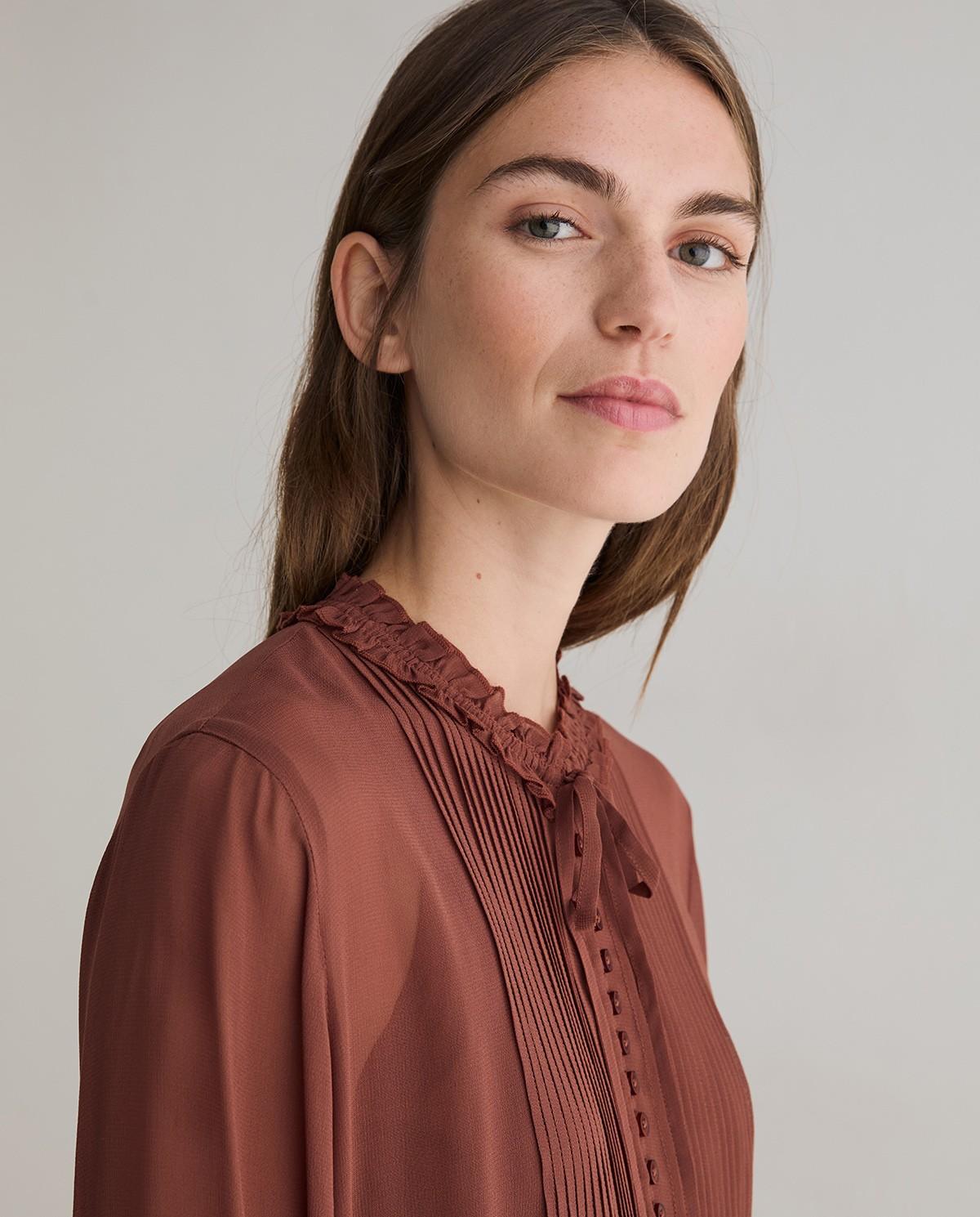 Camisa de mujer con detalle de volante y lazada - Yerse - Marrón Marrón-3