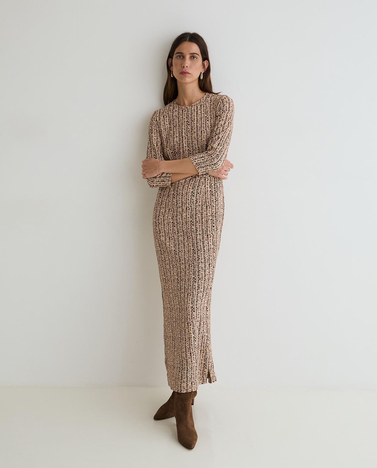 Vestido midi con escote redondo - Yerse - Marrón Marrón-5