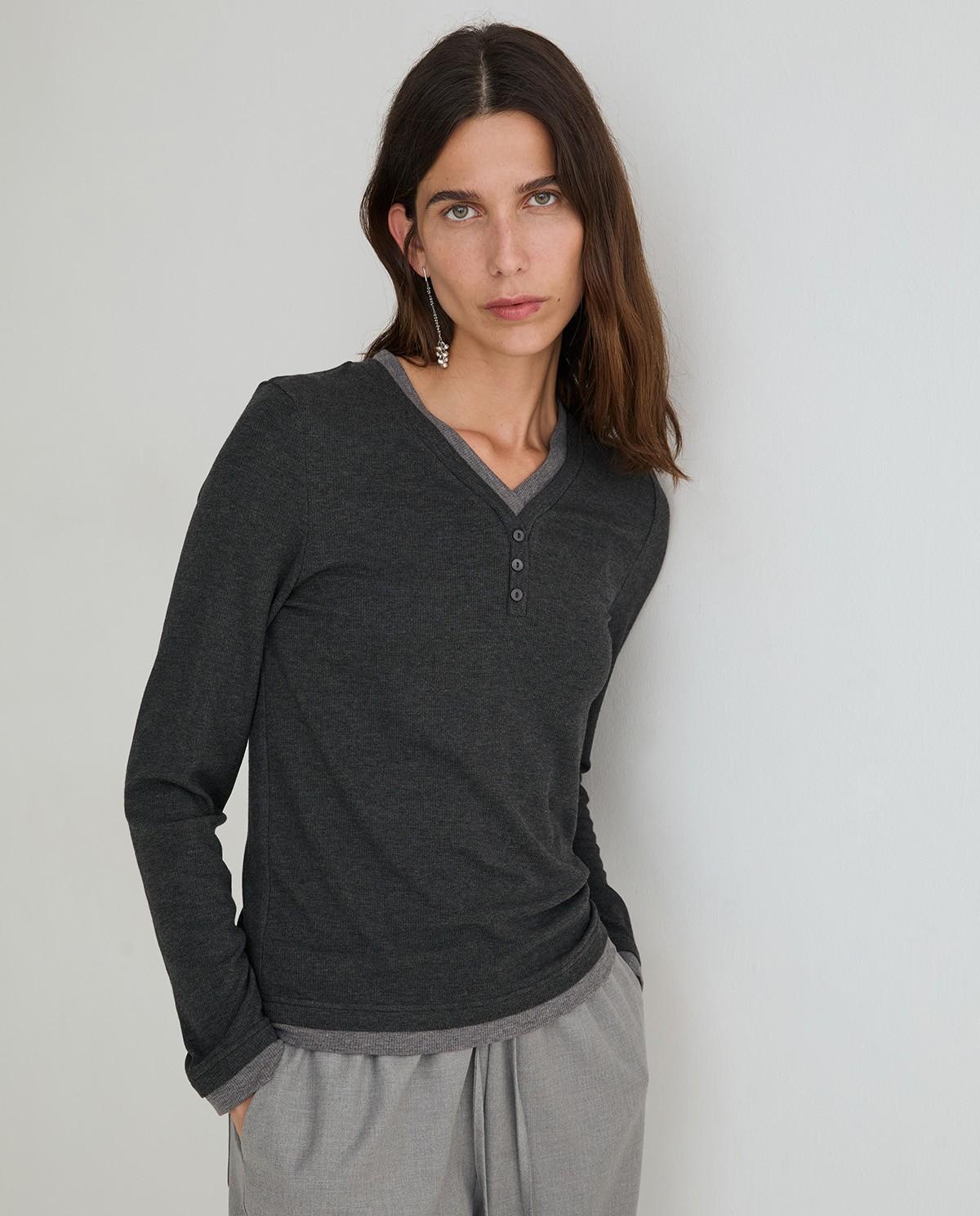 Camiseta de manga larga de mujer efecto superpuesto - Yerse - Gris Gris-1