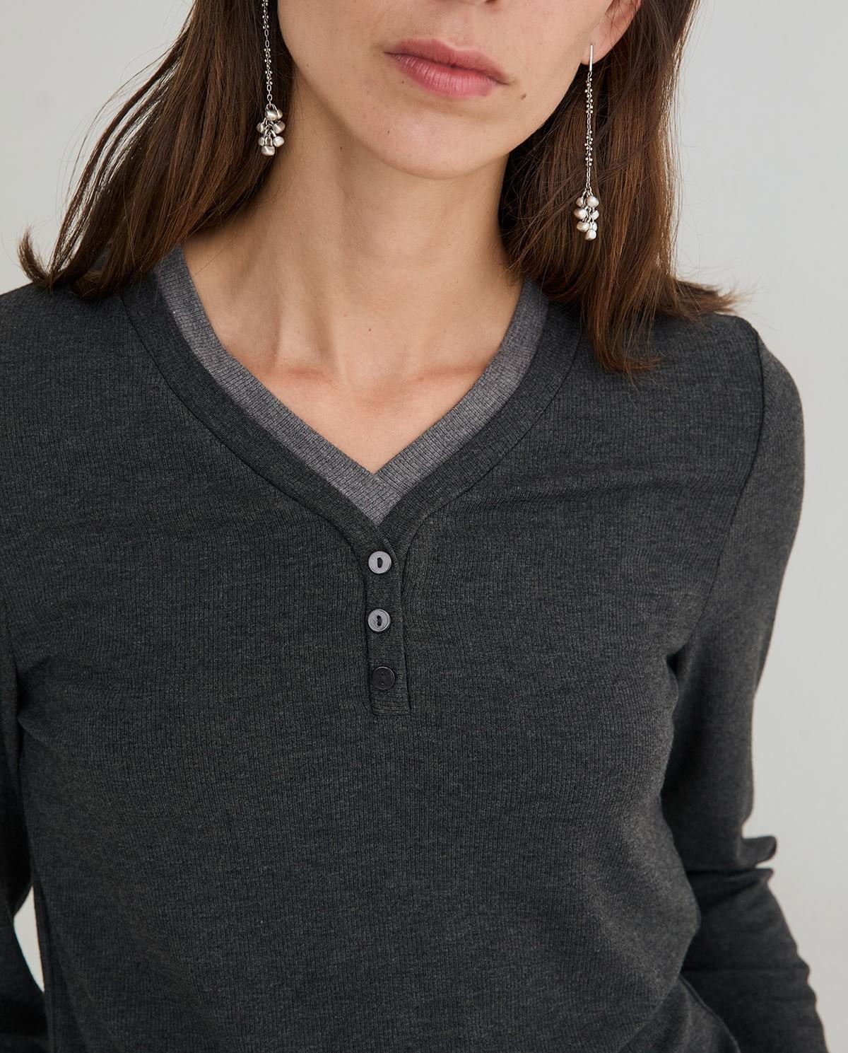 Camiseta de manga larga de mujer efecto superpuesto - Yerse - Gris Gris-2