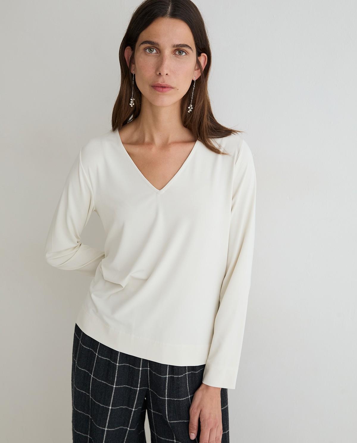 Camiseta de mujer de manga larga con cuello pico - Yerse - Natural Natural-1