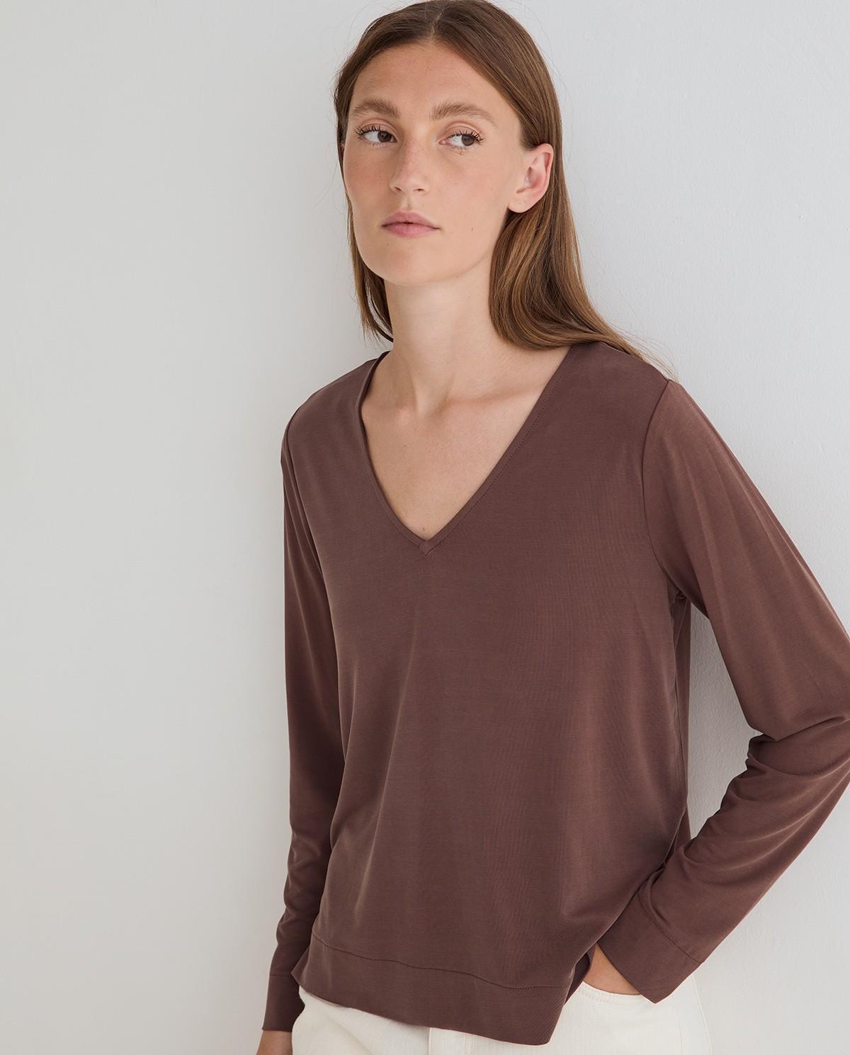 Camiseta de mujer de manga larga con cuello pico - Yerse - Marrón Marrón-1