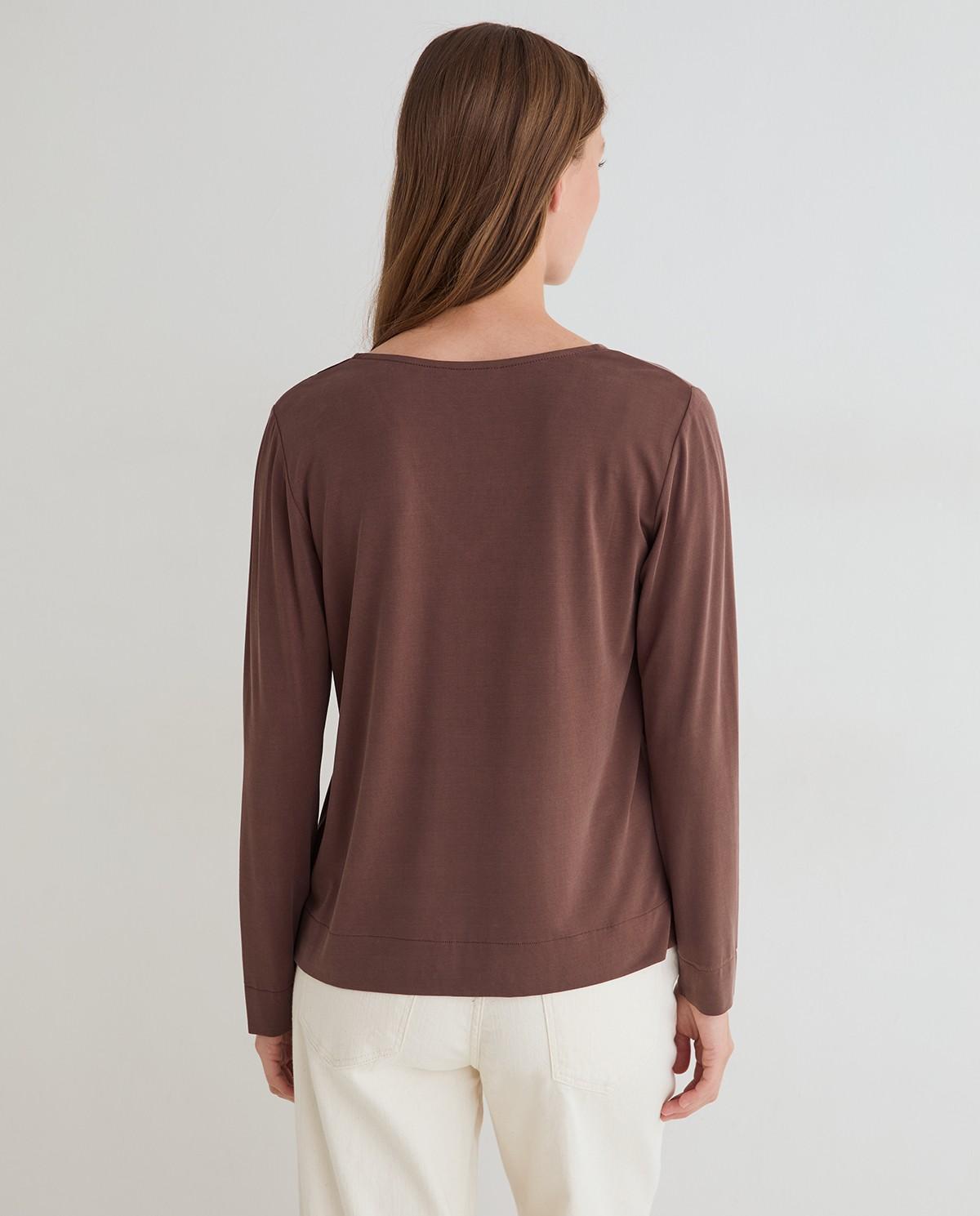 Camiseta de mujer de manga larga con cuello pico - Yerse - Marrón Marrón-3
