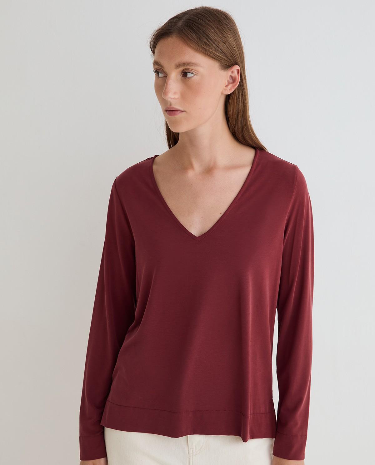Camiseta de mujer de manga larga con cuello pico - Yerse - Burdeos Burdeos-1