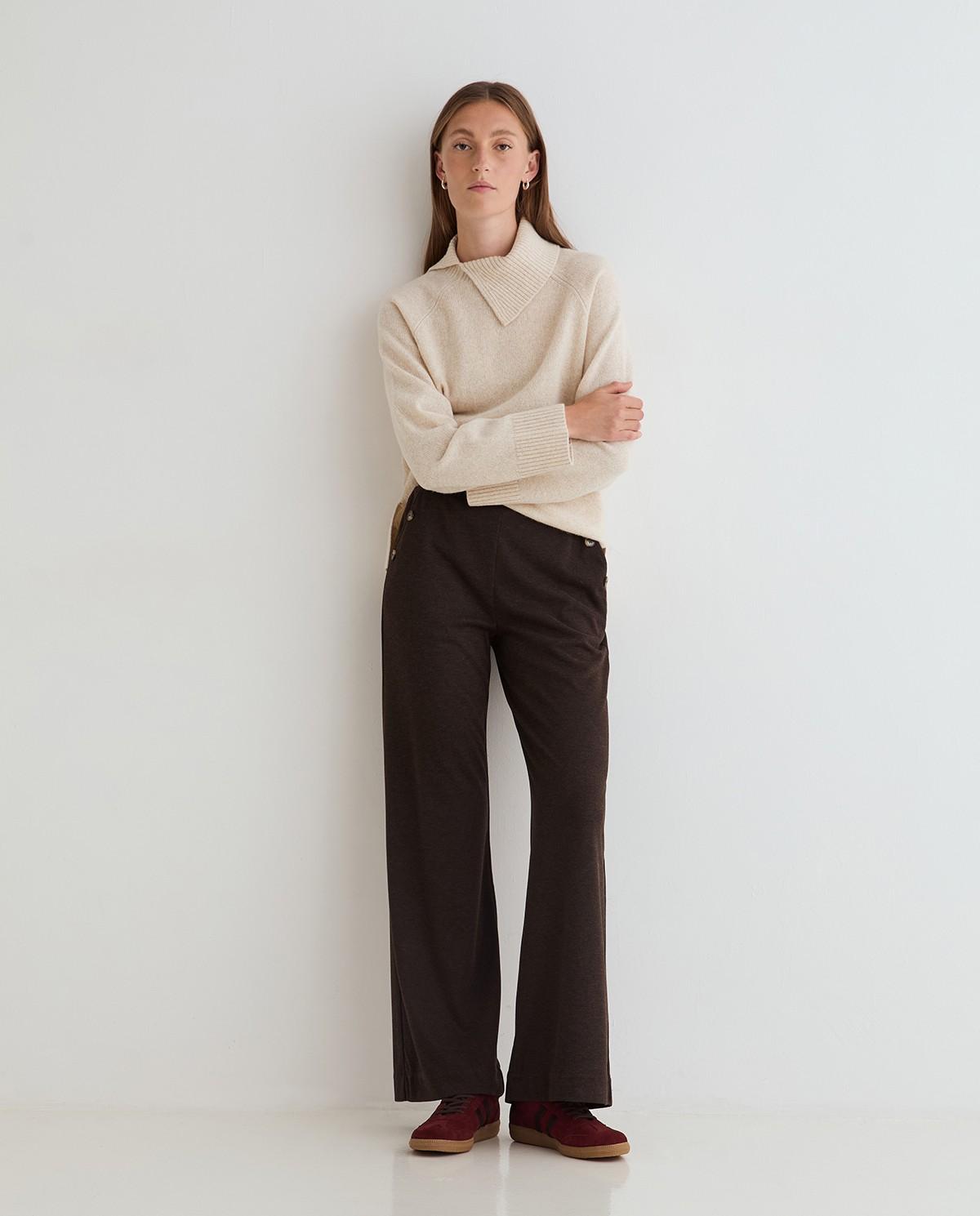 Pantalón ancho de mujer de punto con cintura elástica - Yerse - Marrón oscuro Marrón oscuro-1