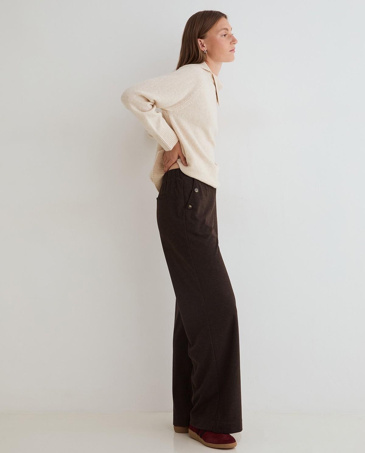 Pantalón ancho de mujer de punto con cintura elástica - Yerse - Marrón oscuro Marrón oscuro-2