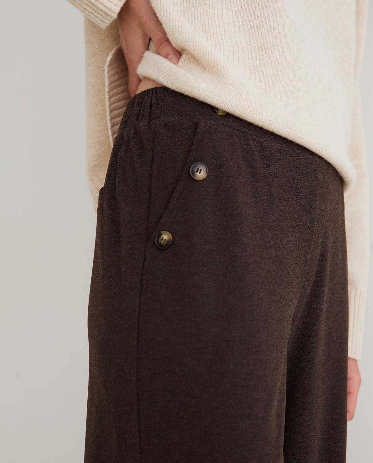 Pantalón ancho de mujer de punto con cintura elástica - Yerse - Marrón oscuro Marrón oscuro-3