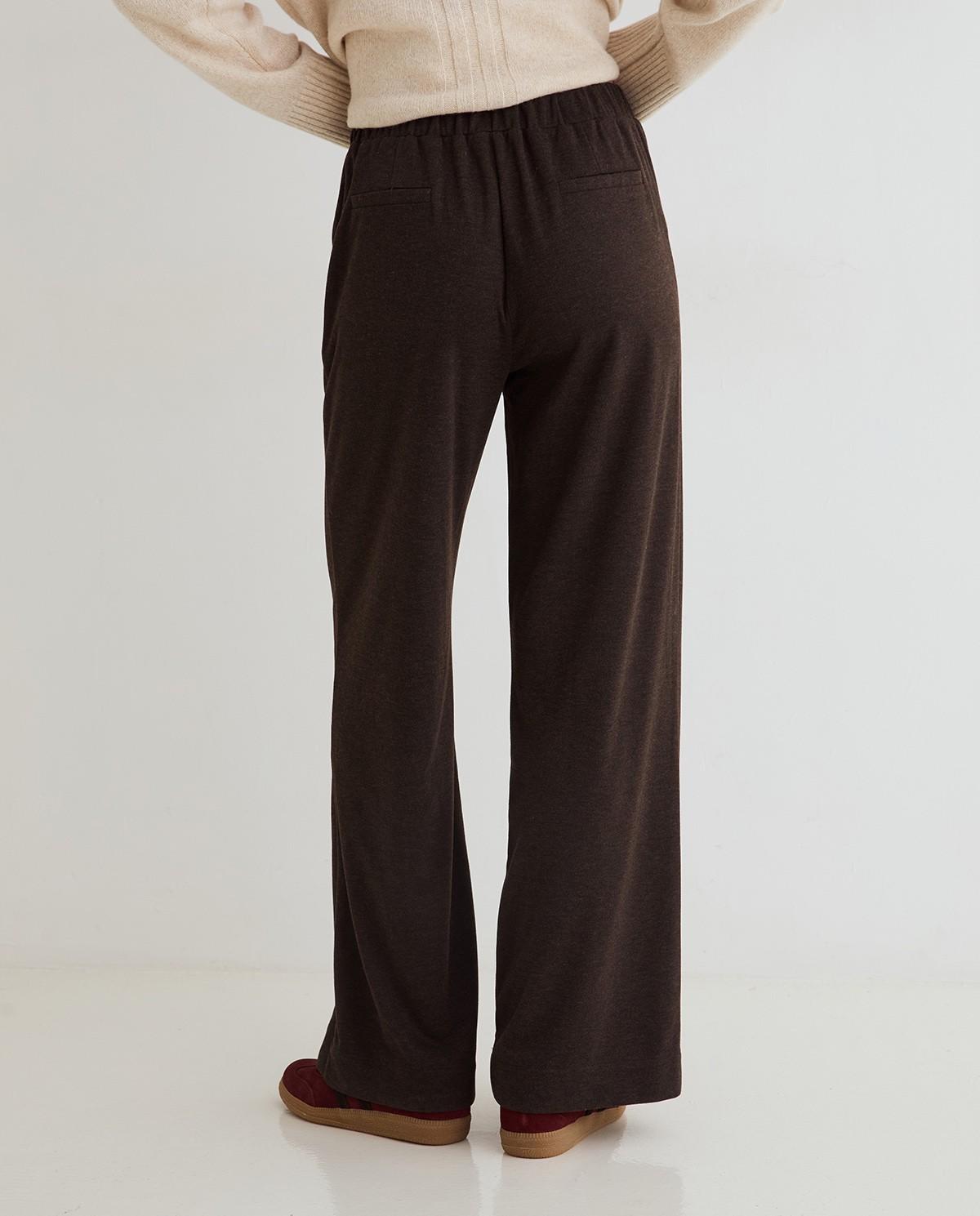 Pantalón ancho de mujer de punto con cintura elástica - Yerse - Marrón oscuro Marrón oscuro-4