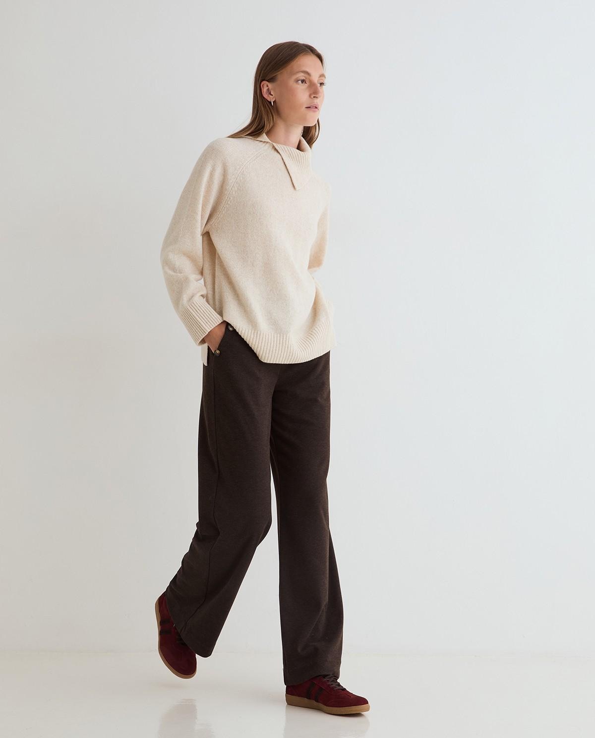Pantalón ancho de mujer de punto con cintura elástica - Yerse - Marrón oscuro Marrón oscuro-5