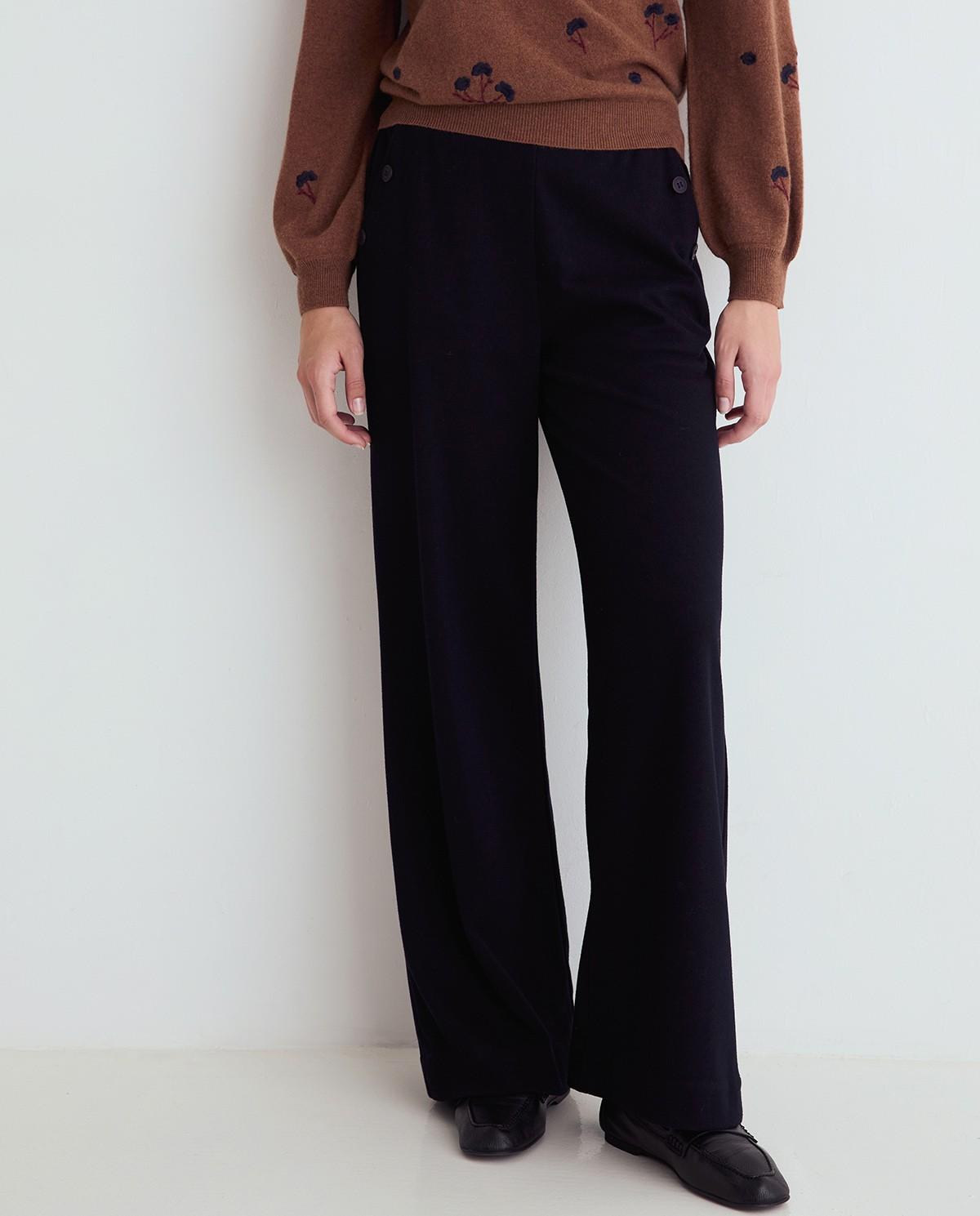 Pantalón ancho de mujer de punto con cintura elástica - Yerse - Azul marino Azul marino-1