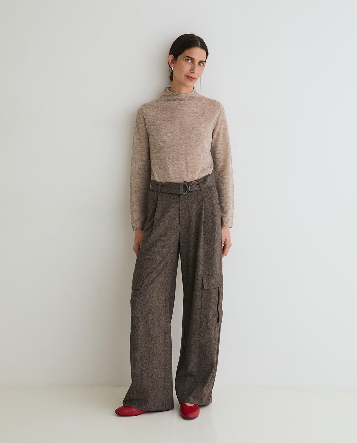 Pantalones anchos de mujer estilo cargo con pinzas - Yerse - Marrón Marrón-1