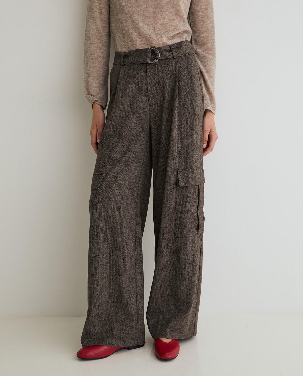 Pantalones anchos de mujer estilo cargo con pinzas - Yerse - Marrón Marrón-2