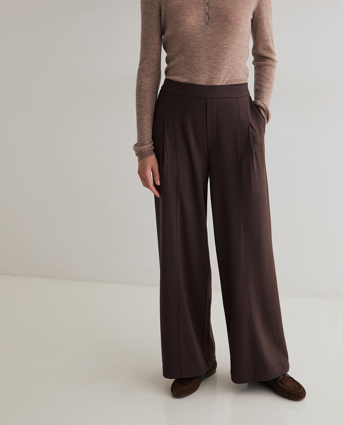 Pantalón ancho de mujer con pinzas - Yerse - Marrón Marrón-1