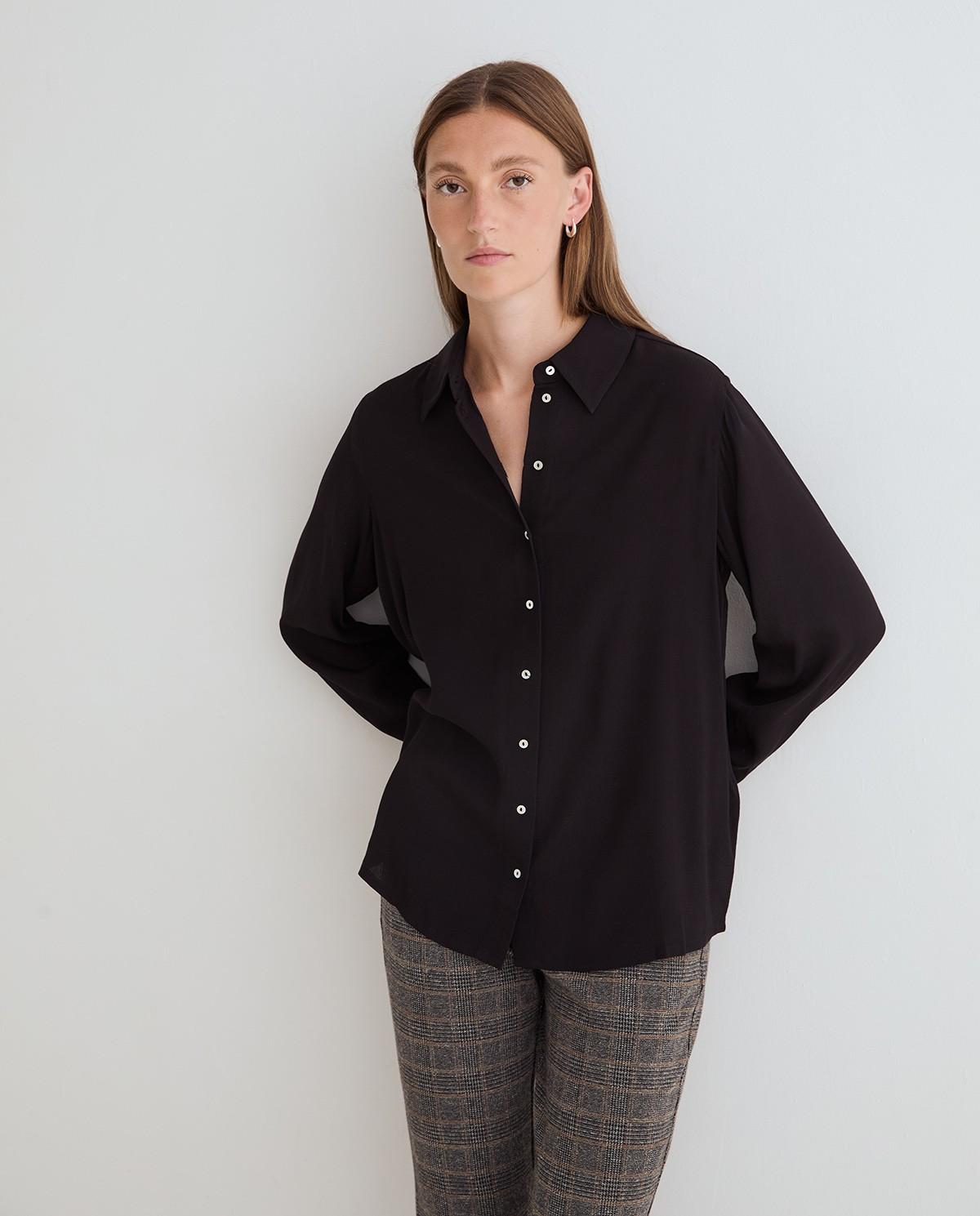Camisa fluida de mujer con cuello camisero y manga larga - Yerse - Negro Negro-1