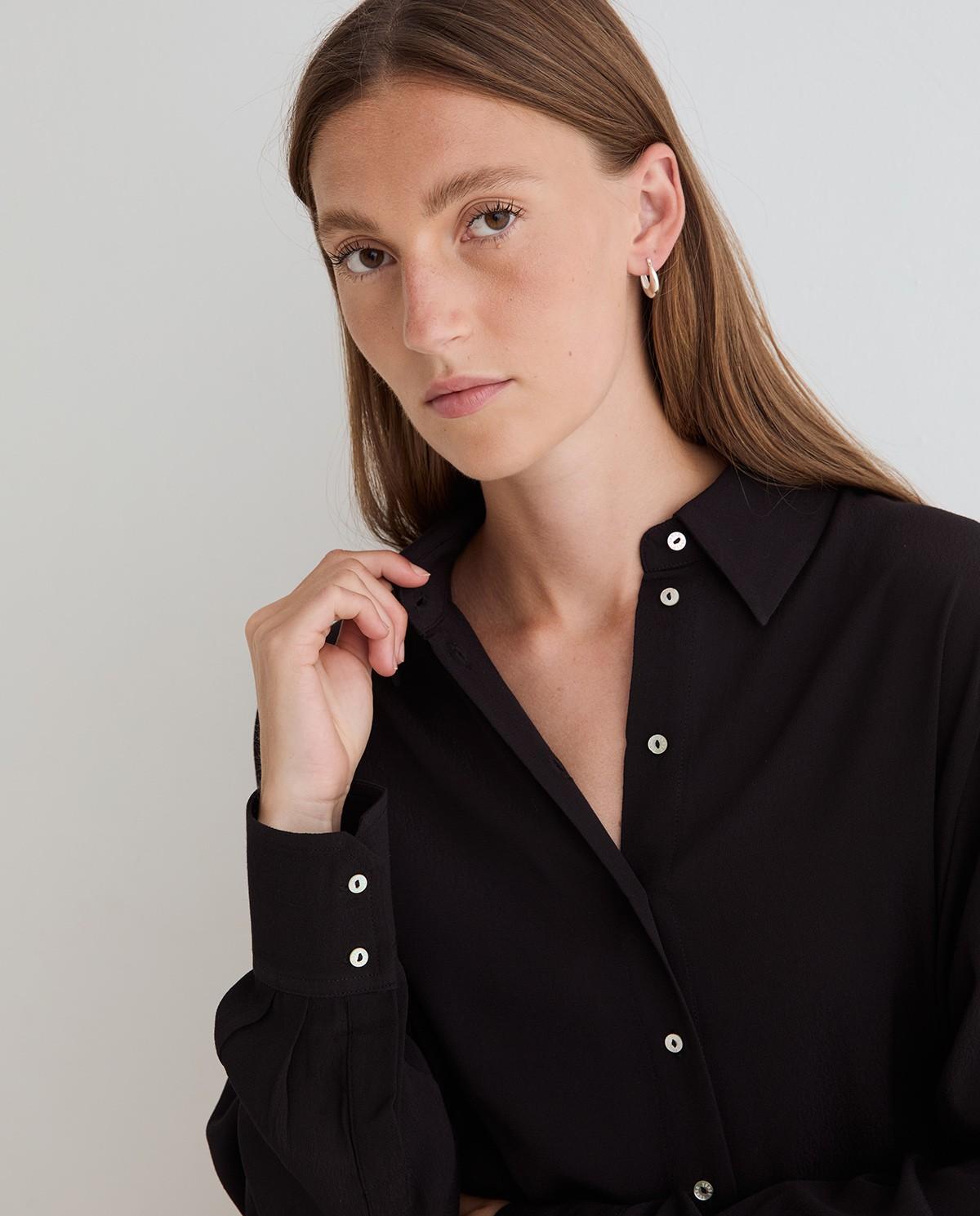Camisa fluida de mujer con cuello camisero y manga larga - Yerse - Negro Negro-2