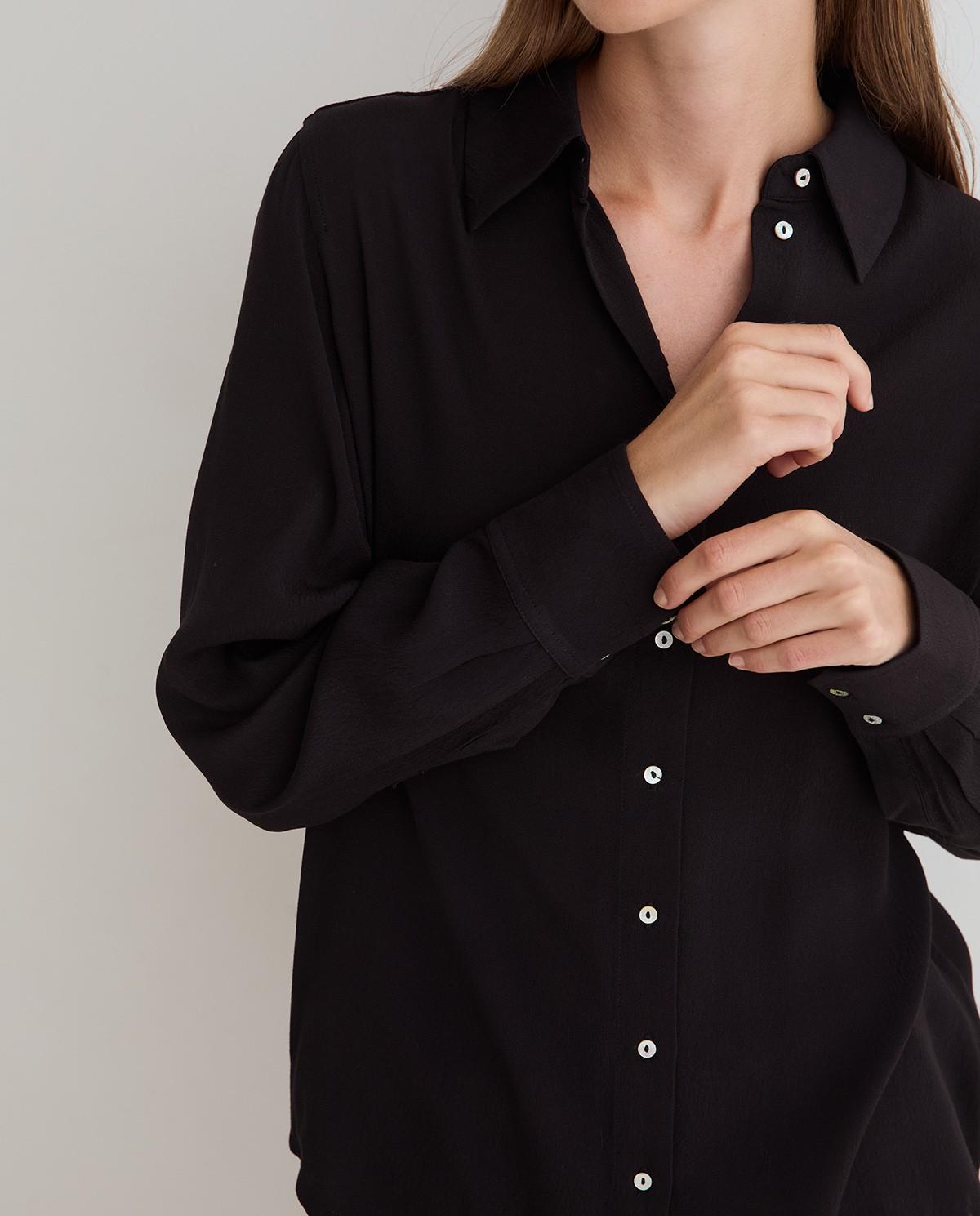 Camisa fluida de mujer con cuello camisero y manga larga - Yerse - Negro Negro-3