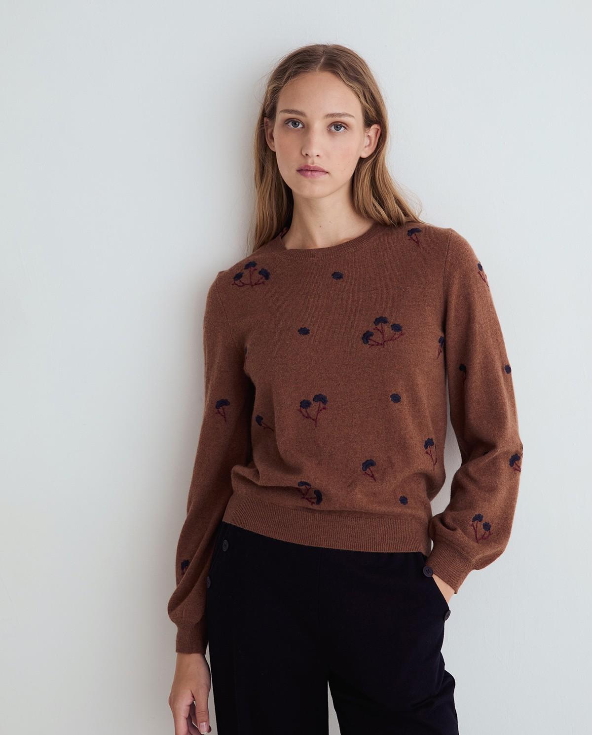 Jersey de mujer con escote redondo y bordados - Yerse - Marrón Marrón-1