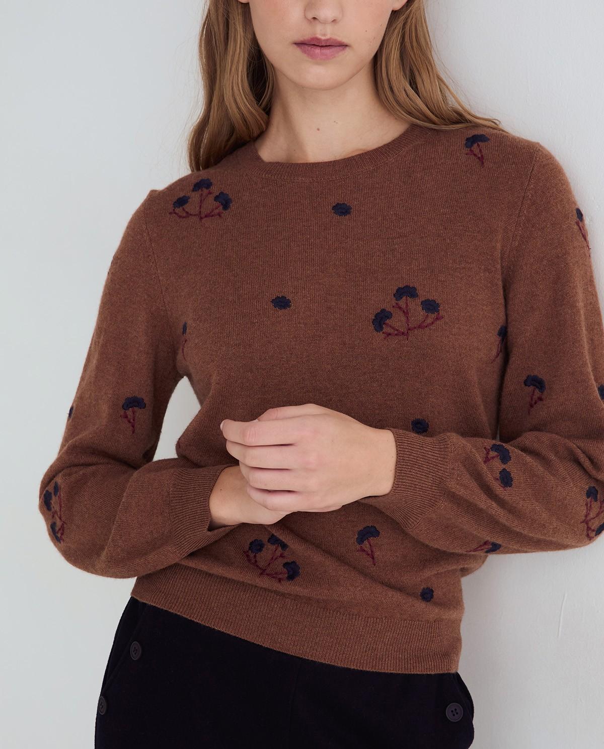 Jersey de mujer con escote redondo y bordados - Yerse - Marrón Marrón-3