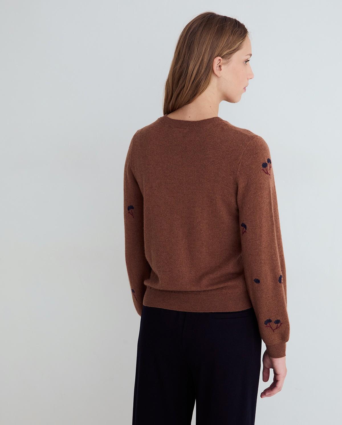 Jersey de mujer con escote redondo y bordados - Yerse - Marrón Marrón-4