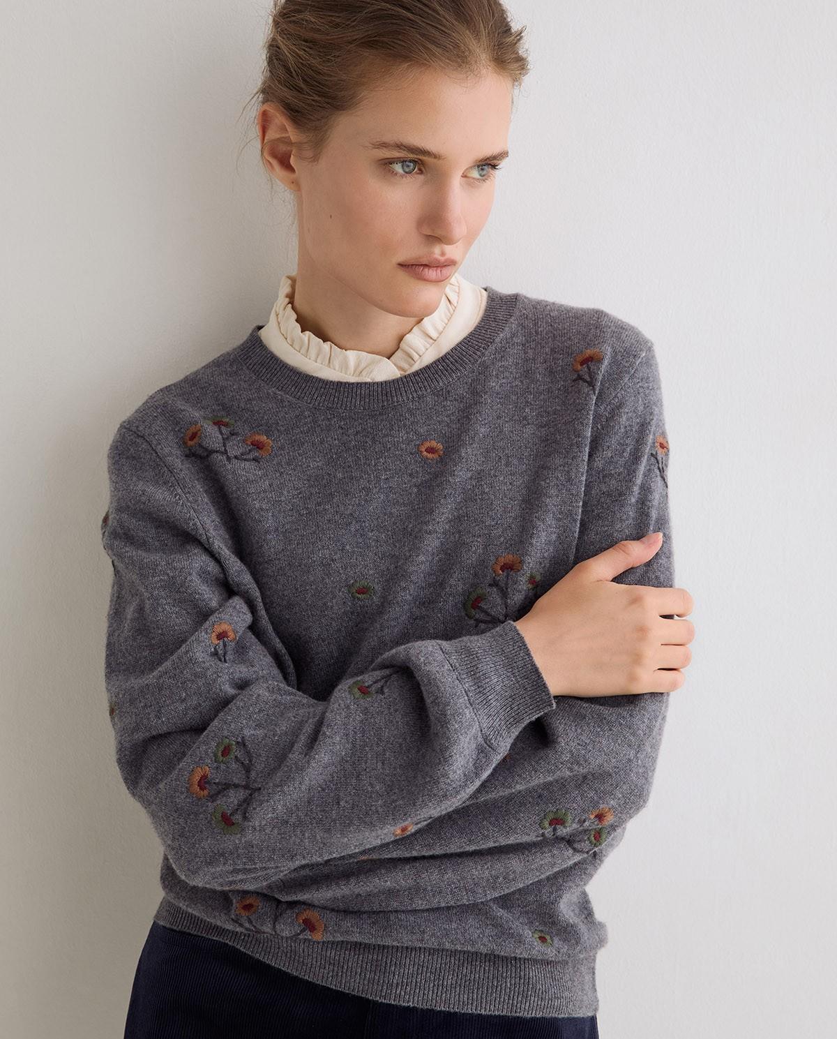 Jersey de mujer con escote redondo y bordados - Yerse - Gris Gris-1