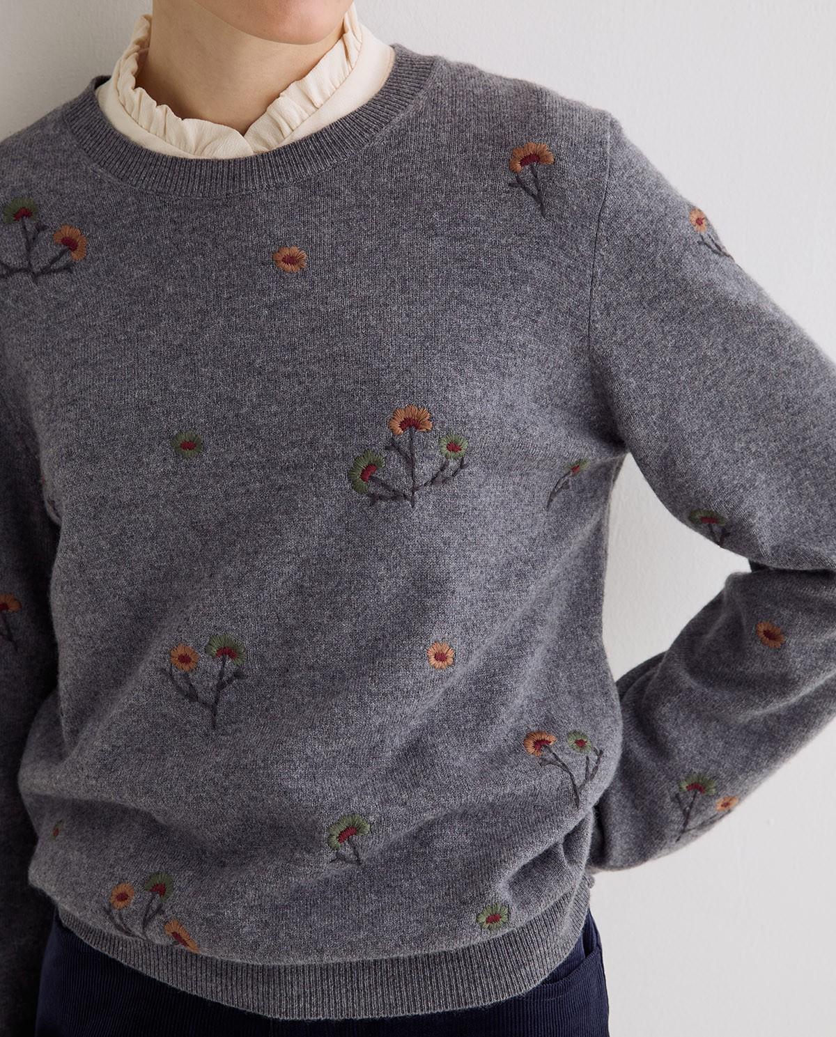 Jersey de mujer con escote redondo y bordados - Yerse - Gris Gris-2