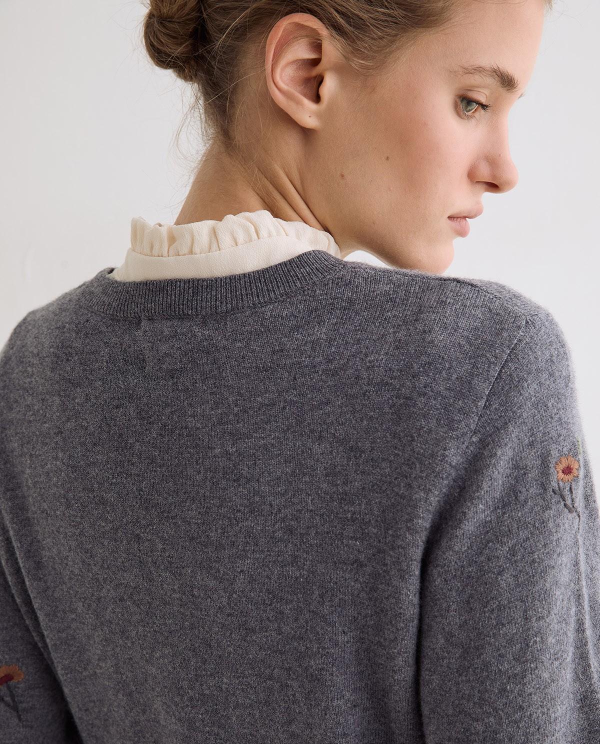 Jersey de mujer con escote redondo y bordados - Yerse - Gris Gris-3