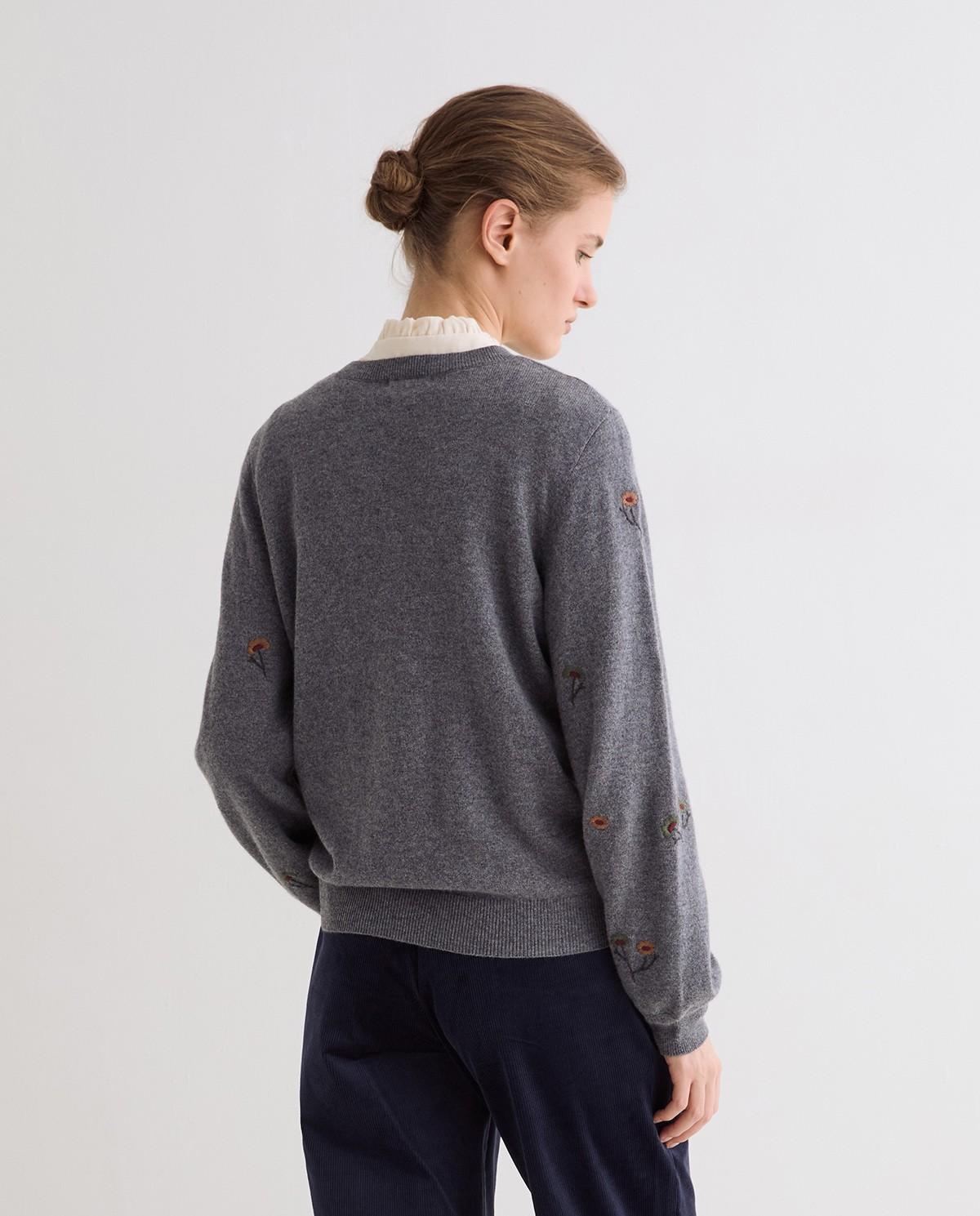Jersey de mujer con escote redondo y bordados - Yerse - Gris Gris-4