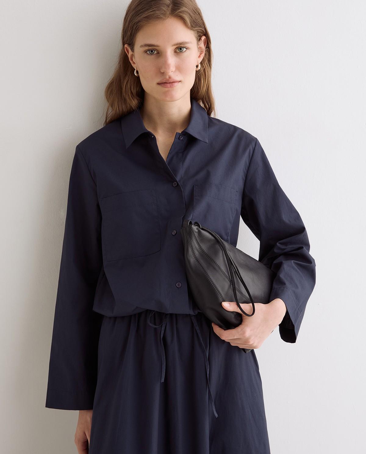 Camisa de mujer de manga larga confeccionada en popelín de algodón - Yerse - Azul oscuro Azul oscuro-1