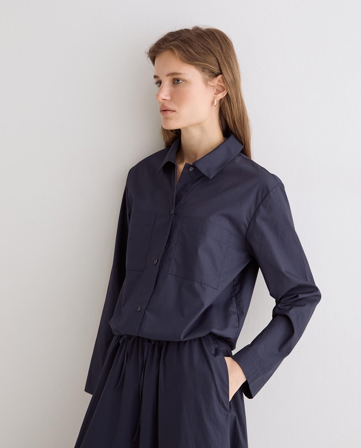 Camisa de mujer de manga larga confeccionada en popelín de algodón - Yerse - Azul oscuro Azul oscuro-2