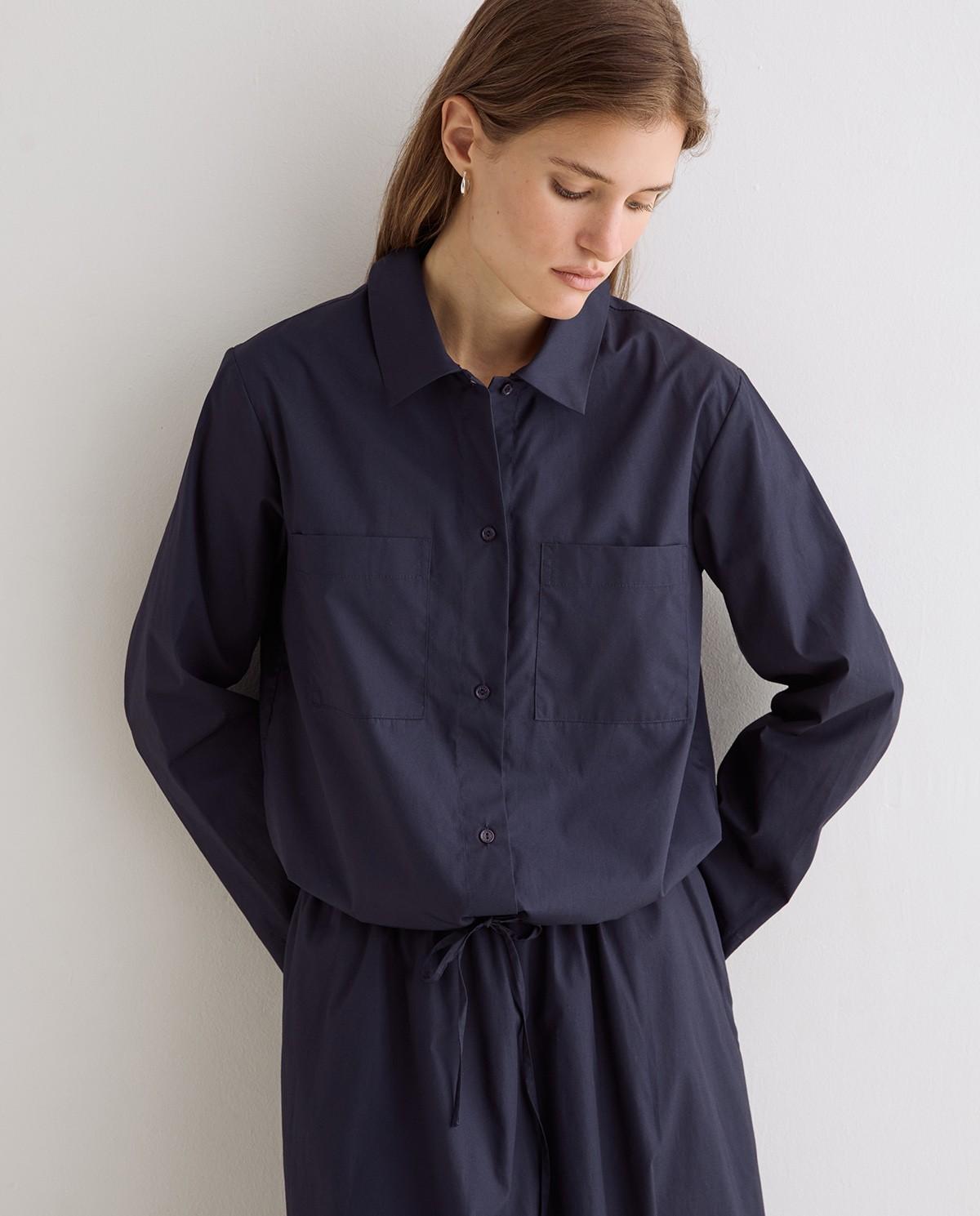 Camisa de mujer de manga larga confeccionada en popelín de algodón - Yerse - Azul oscuro Azul oscuro-4