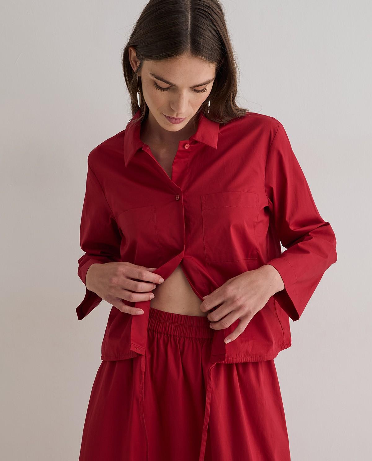 Camisa de mujer de manga larga confeccionada en popelín de algodón - Yerse - Rojo Rojo-3