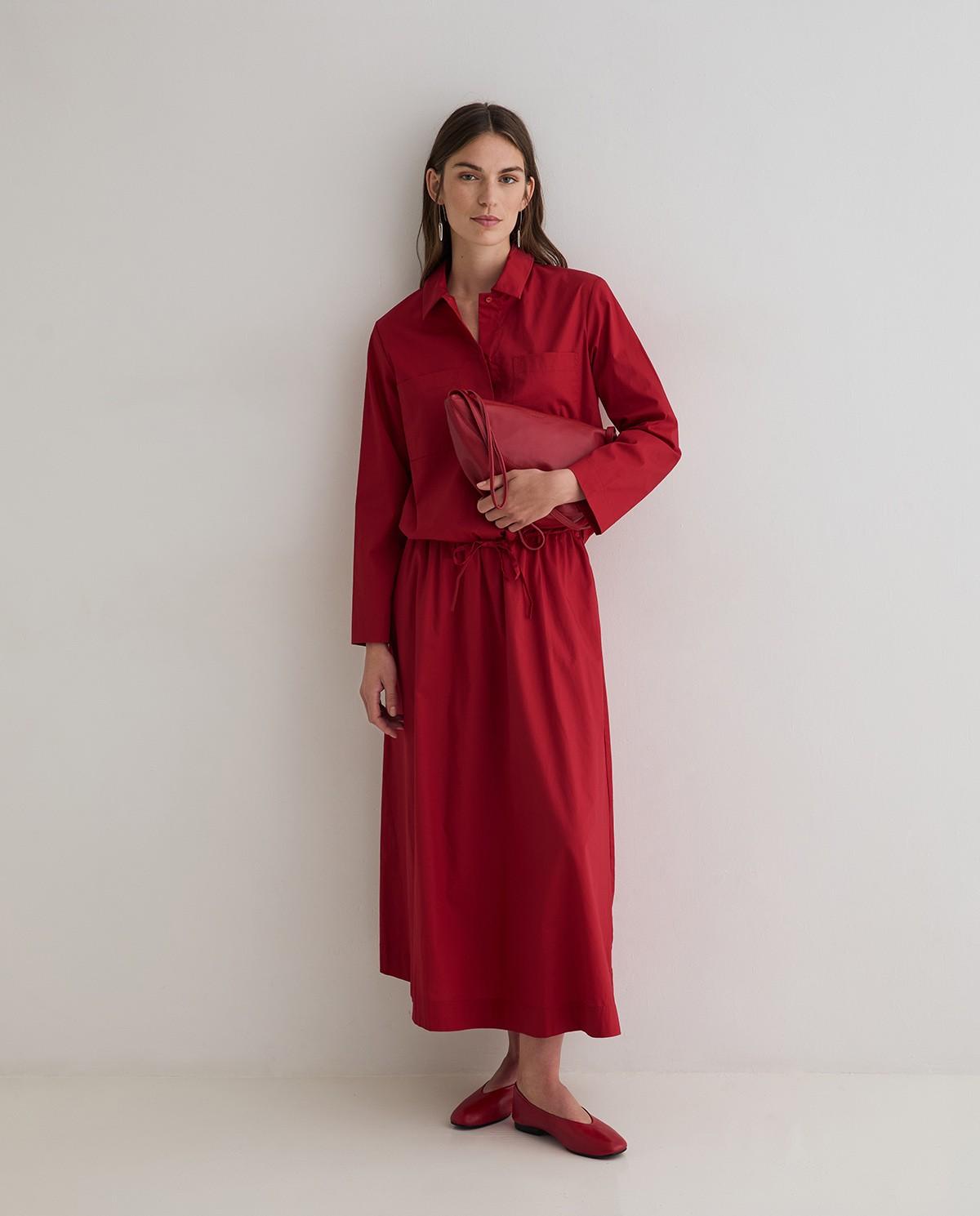 Falda midi confeccionada en popelín de algodón - Yerse - Rojo Rojo-1