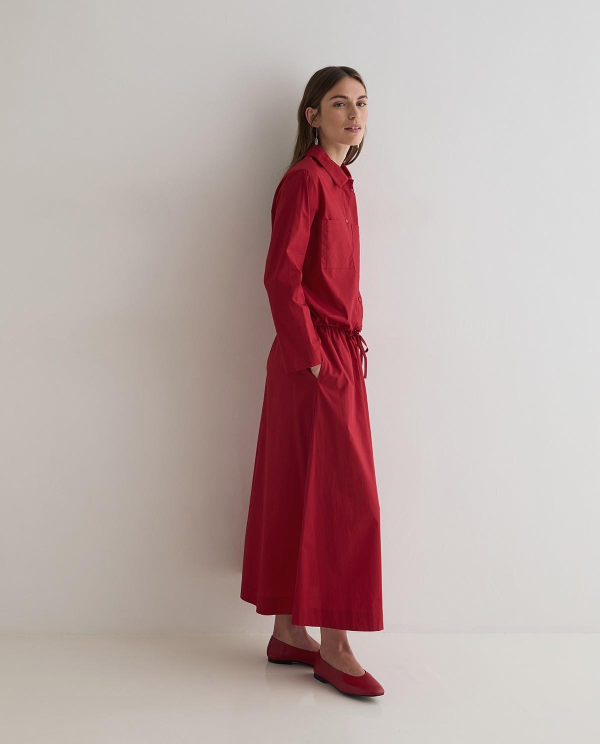 Falda midi confeccionada en popelín de algodón - Yerse - Rojo Rojo-2