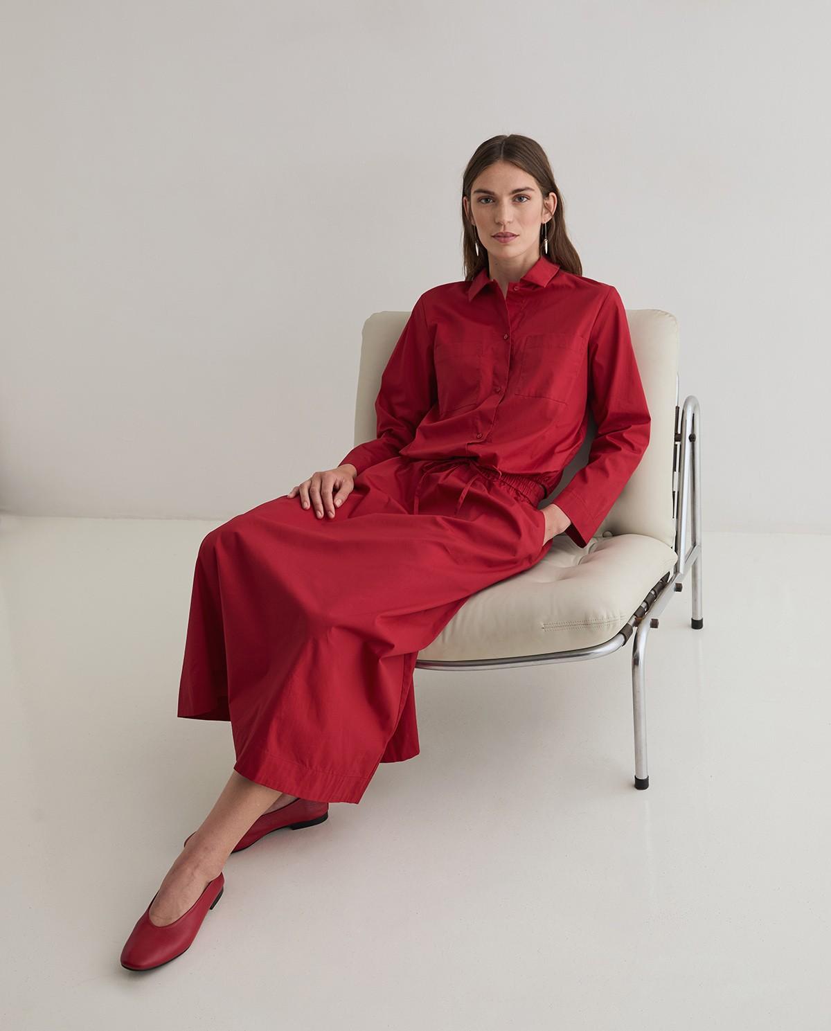 Falda midi confeccionada en popelín de algodón - Yerse - Rojo Rojo-5