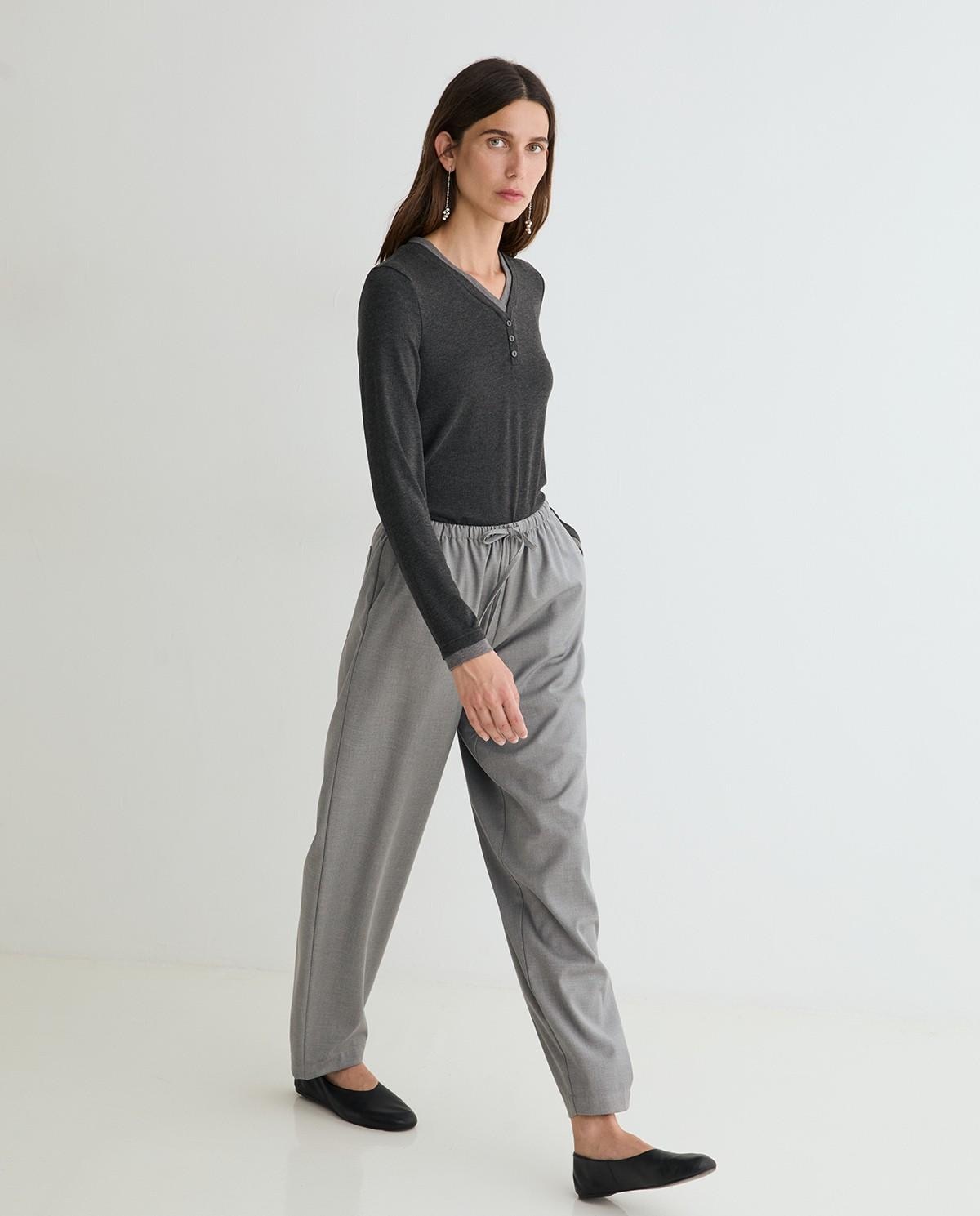 Pantalones balloon de mujer de tiro alto con cintura elástica ajustable - Yerse - Gris Gris-3