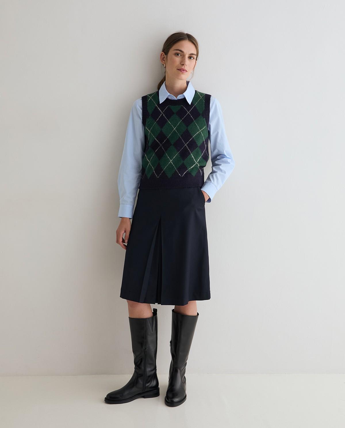 Falda midi con vuelo suave y pliegue delantero - Yerse - Azul marino Azul marino-1