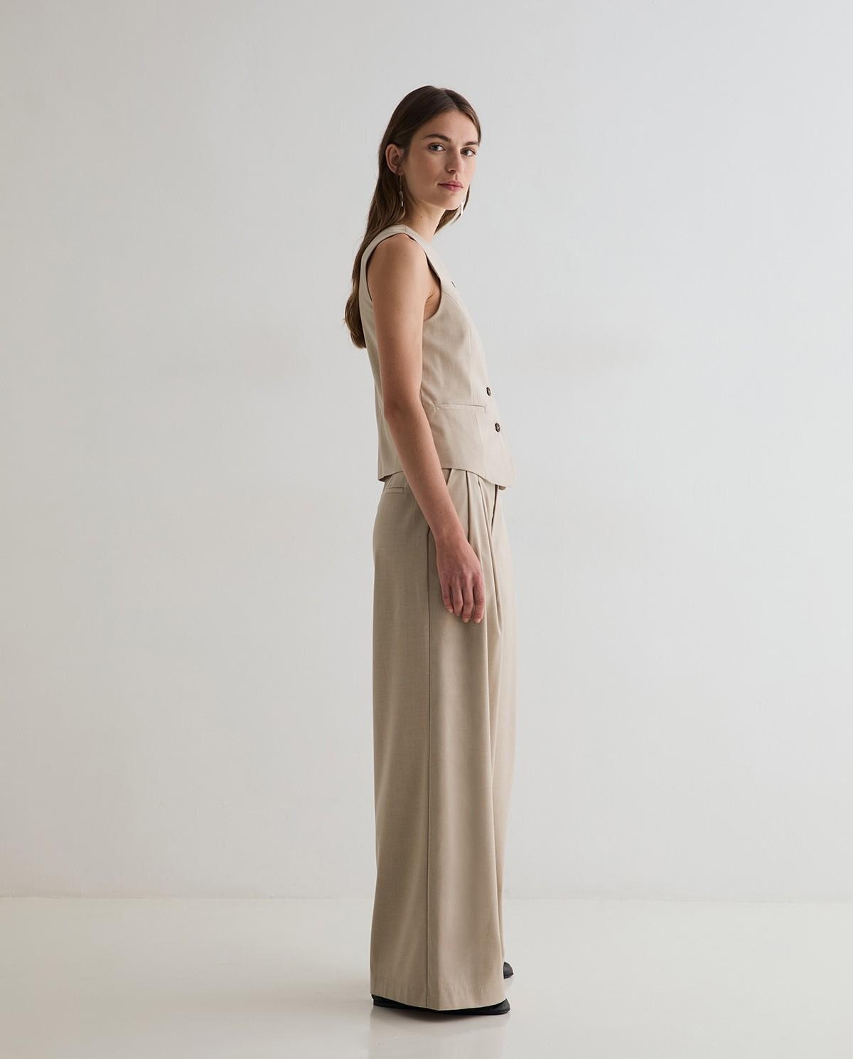 Pantalones de mujer de vestir estructura wide leg - Yerse - Beige Beige-5