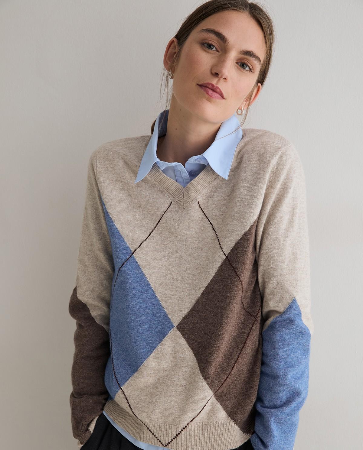 Jersey de punto fino de mujer con cuello pico - Yerse - Beige Beige-1