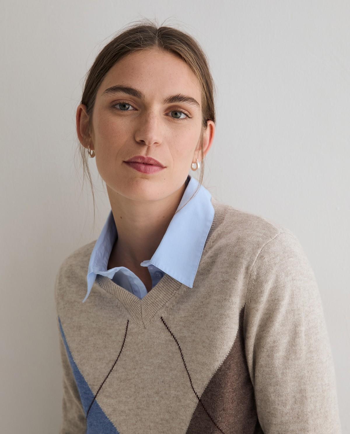 Jersey de punto fino de mujer con cuello pico - Yerse - Beige Beige-2