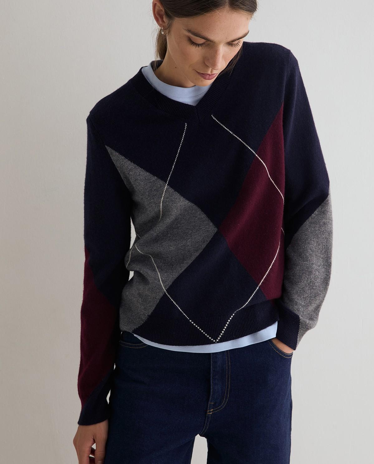 Imagen 0 de Jersey de punto fino de mujer con cuello pico Azul marino