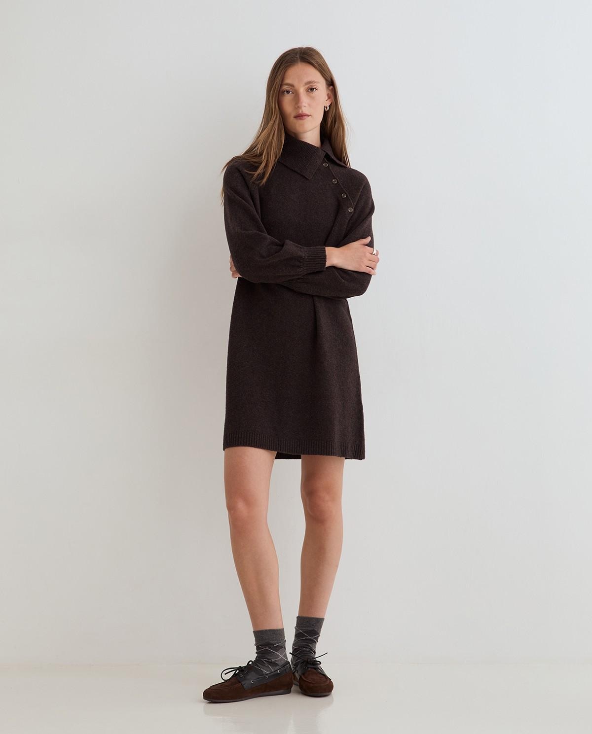 Vestido corto de punto grueso de manga larga - Yerse - Marrón oscuro Marrón oscuro-1