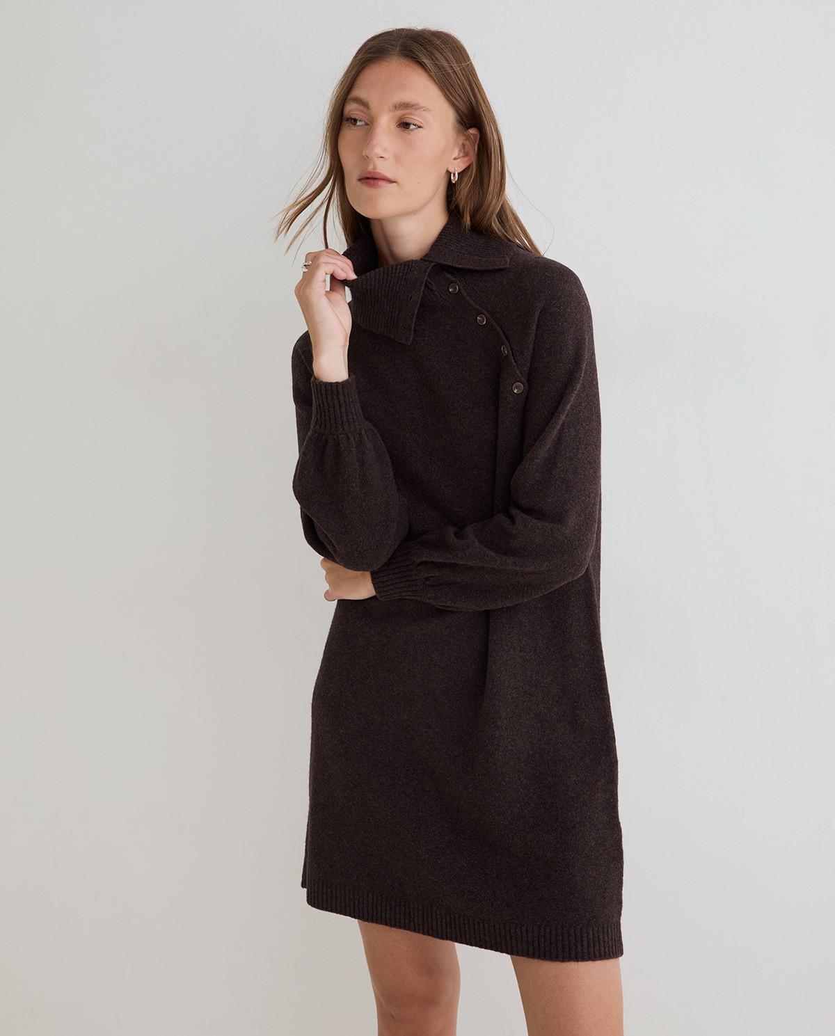 Vestido corto de punto grueso de manga larga - Yerse - Marrón oscuro Marrón oscuro-3