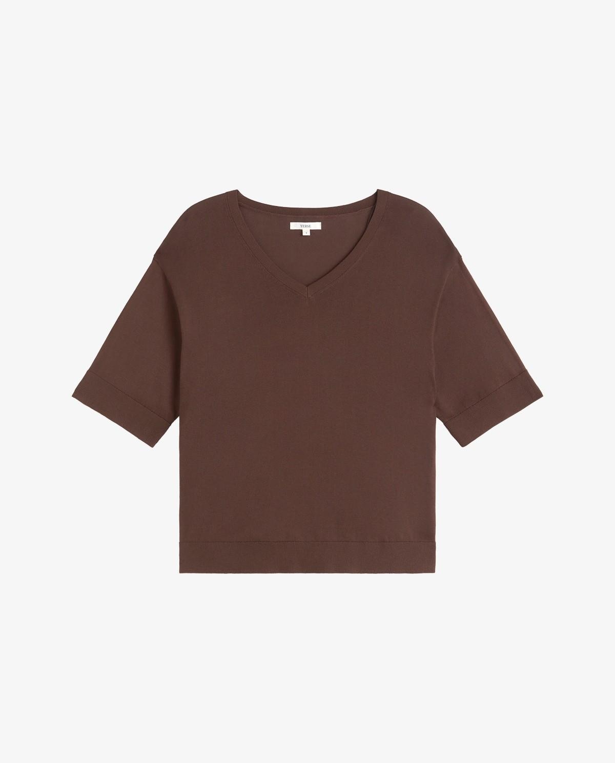 Jersey de mujer de punto de manga corta acabados en canalé - Yerse - Marrón chocolate Marrón chocolate-5