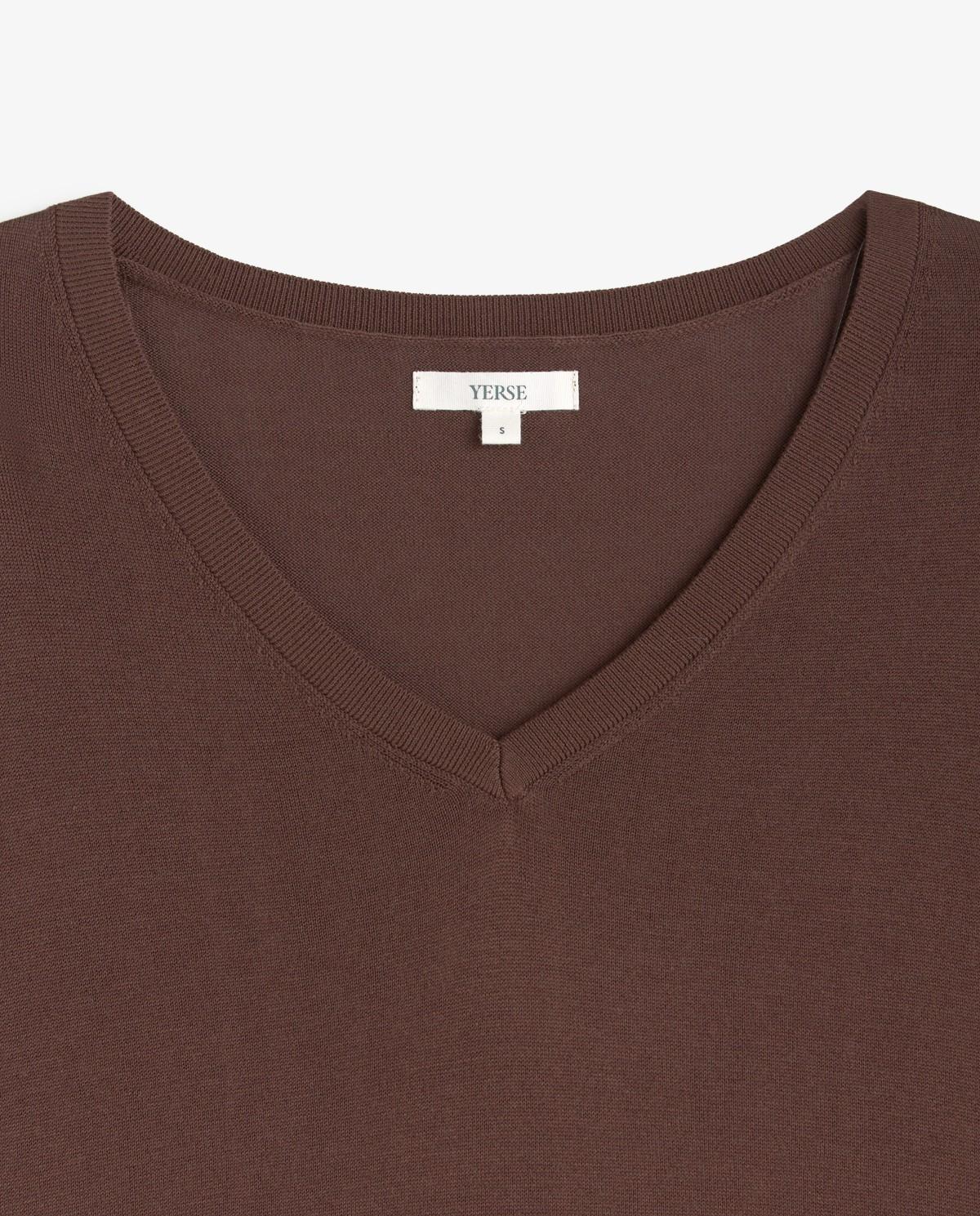 Jersey de mujer de punto de manga corta acabados en canalé - Yerse - Marrón chocolate Marrón chocolate-4