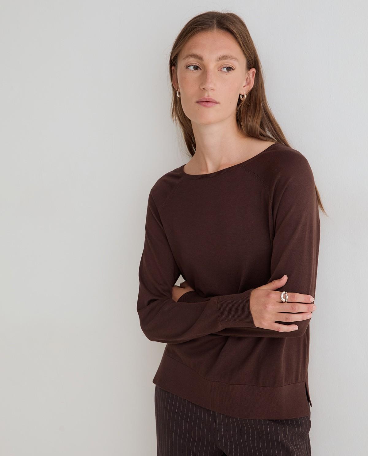 Jersey de mujer de punto fino cuello redondo - Yerse - Marrón Marrón-1